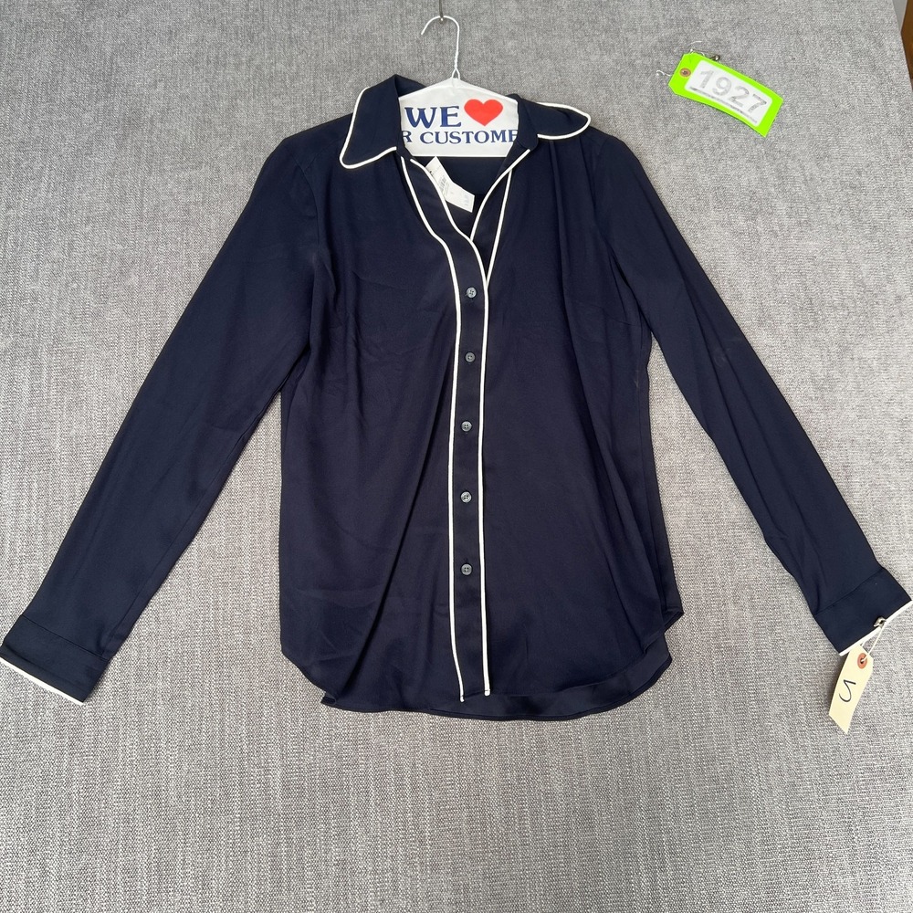 Ann Taylor Pajama Top Womens S Navy Blue White Piping Long Sleeve Button Front